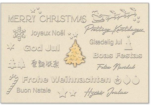Mehrsprachige Weihnachtskarte mit Echtholz-Applikation eines Tannenbaumes und fühlbarer Blindprägung