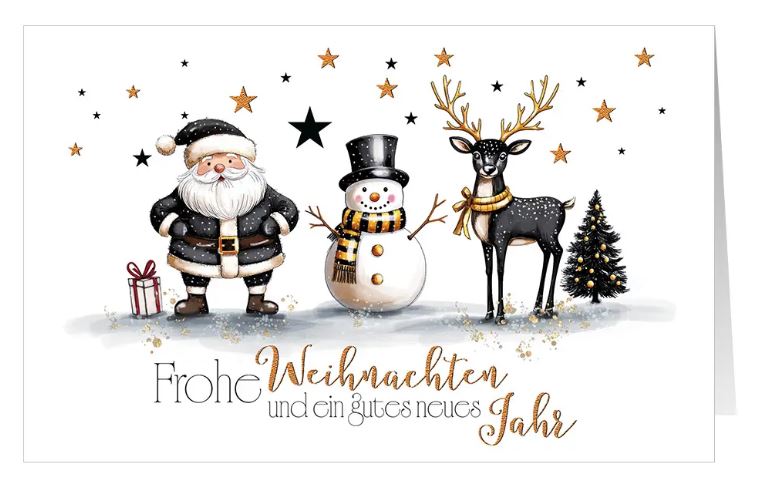 Heitere Weihnachtskarte "Drei beste Freunde" mit Weihnachtsmann, Schneemann und Hirsch