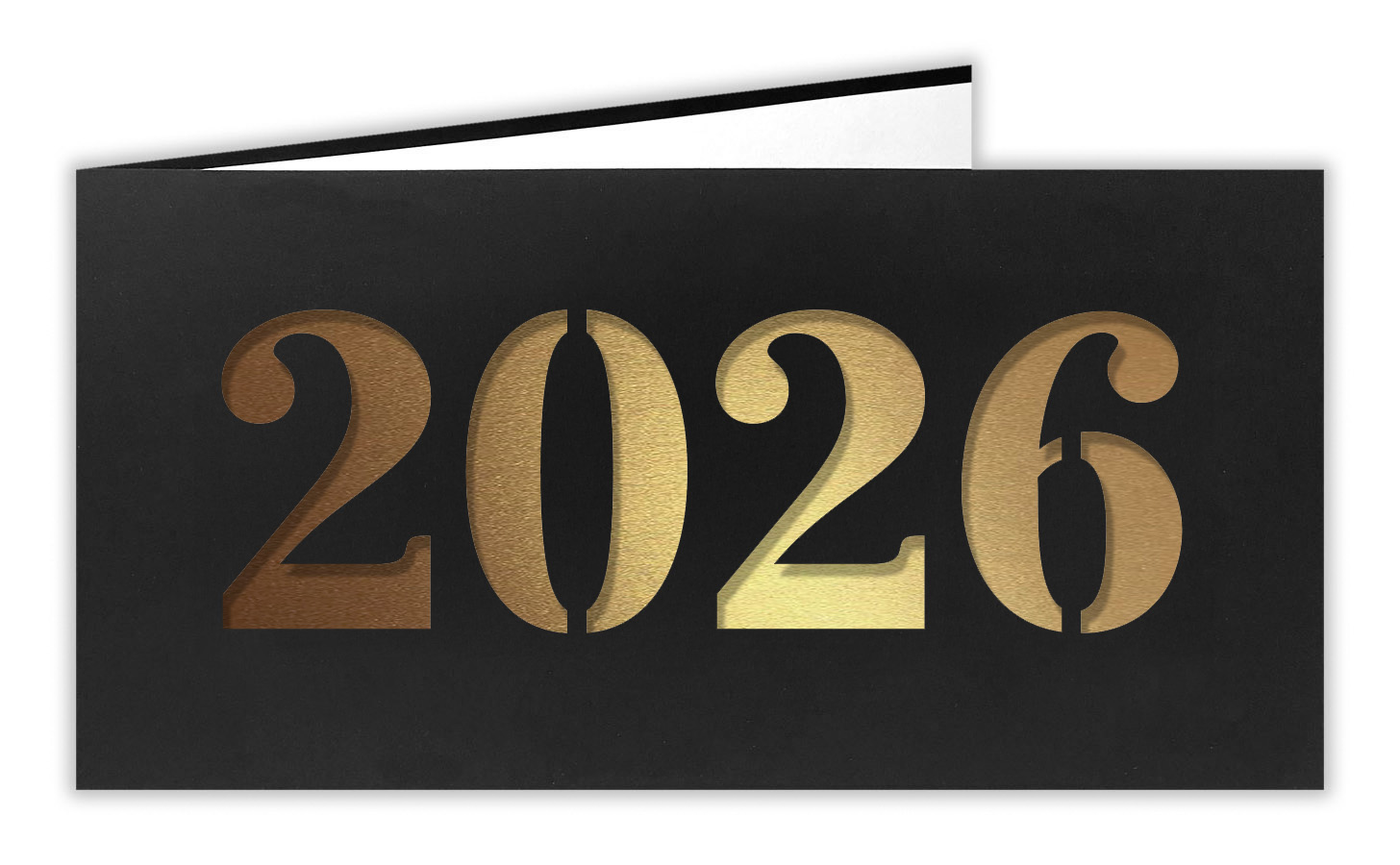 Neujahrskarte schwarz mit Laserstanzung 2026 und goldenem Einlegeblatt