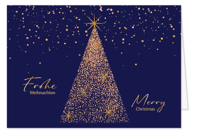 Elegante Weihnachtskarte "Glamour" in royalblau mit deutsch-englischem Weihnachtsgruß und Goldfolienprägung 