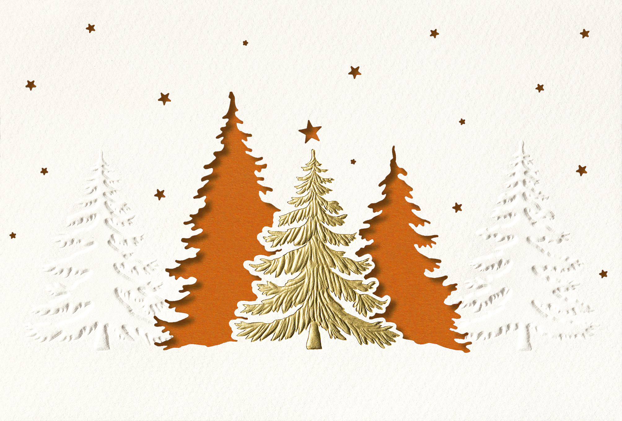 Weiße Weihnachtskarte mit Stanzung, Blindprägung und goldenem Foliendruck, Einleger orange