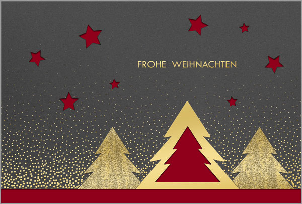 Weihnachtsgrußkarte in dunkelgrau mit Goldfolienprägung und Stanzung sowie Einleger in dunkelrot