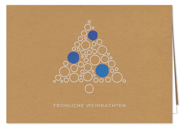 Moderne Kraftpapier-Weihnachts „Kreise im Baum“ mit Folienprägung in weiß und blau und weihnachtlichen Grüßen