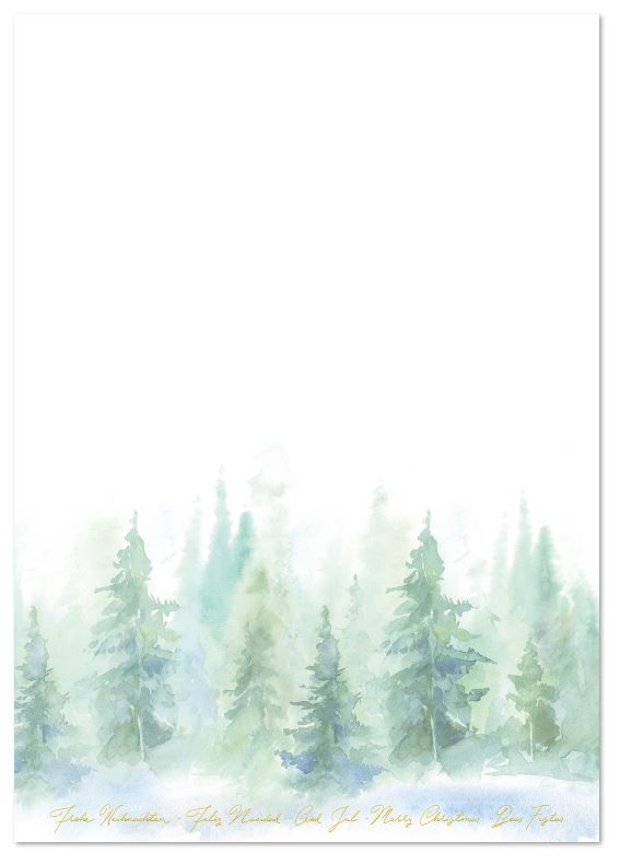 Weihnachtsbriefbogen im Aquarellstil mit Tannenwald und internationalen Weihnachtsgrüßen, DIN A4