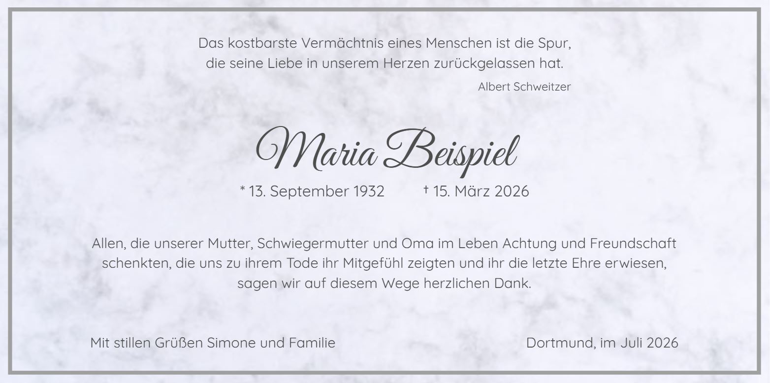 Marmorierte Trauerdankkarte DIN lang mit grauem Trauerrahmen,Text individuell zu gestalten