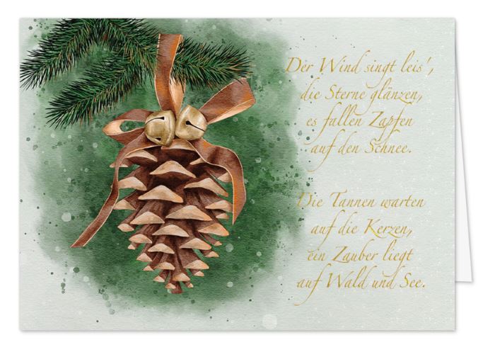 Nostalgische Weihnachtskarte im Aquarelldesign mit besinnlichem Gedicht und Tannenzapfen 