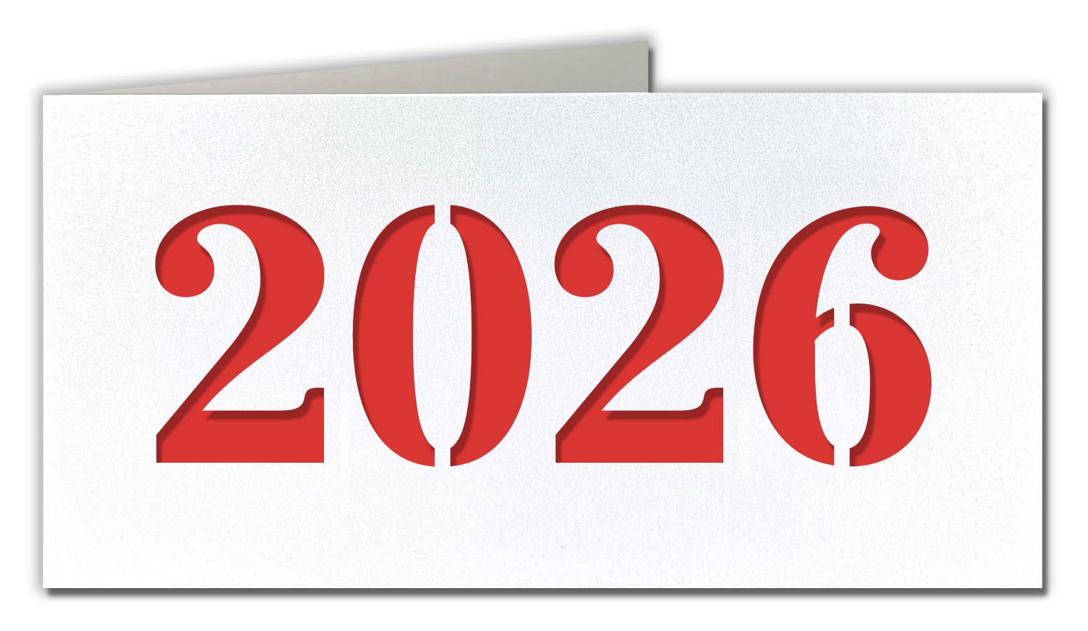 Metallic-Neujahrskarte weiß mit gestanzter Jahreszahl 2026 und rotem Einlegeblatt