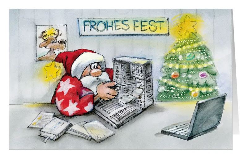 Lustige Weihnachtskarte "Verbunden im Fest" für IT-Dienstleister, Telekommunikationsunternehmen, Reparaturdienst für Computer