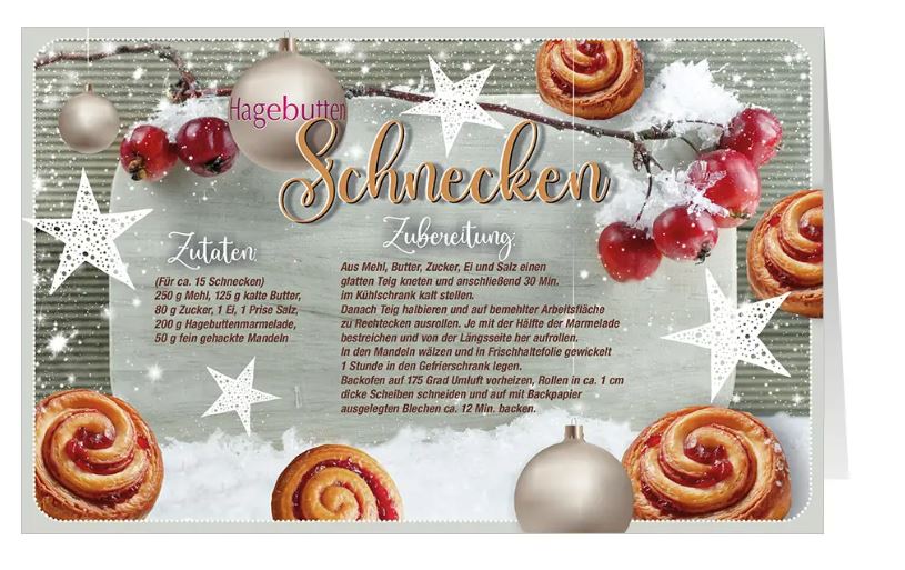 Weihnachtliche Rezeptkarte "Süßer Traum" für Hagebutten Schnecken mit Zutaten und Anleitung