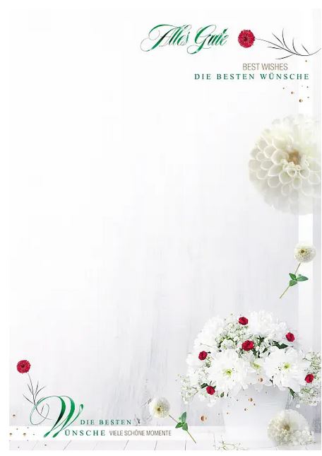 Florales Schmuckbriefpapier mit weißen und roten Blüten sowie zahlreichen Glückwünschen, DIN A4