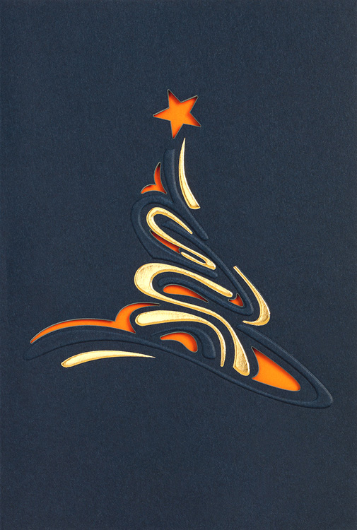 Weihnachtskarte nachtblau mit abstraktem Weihnachtsbaum orange