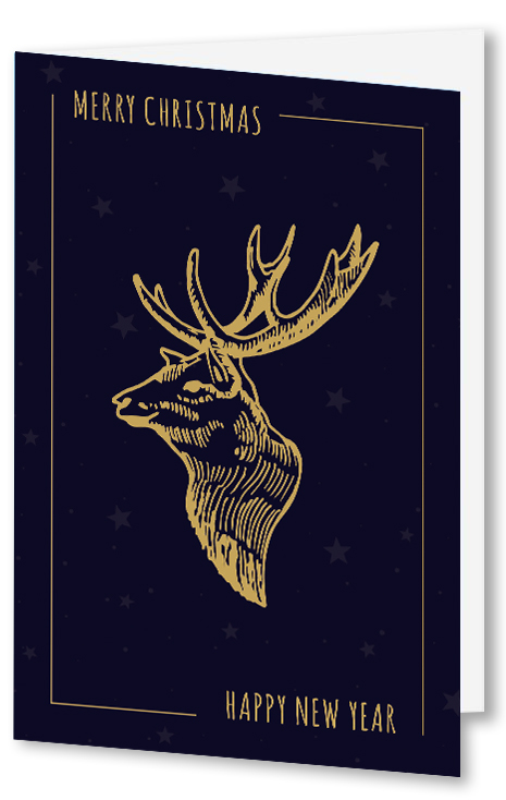 Elegante Weihnachtskarte in nachtblau "Golden Deer" mit goldfarbenem Hirschmotiv und Sternenhintergrund sowie englischsprachigem Gruß