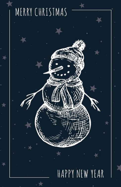 Heitere Weihnachtskarte in nachtblau "Winterfreuden" mit Schneemann und Sternenhintergrund sowie englischsprachigem Gruß