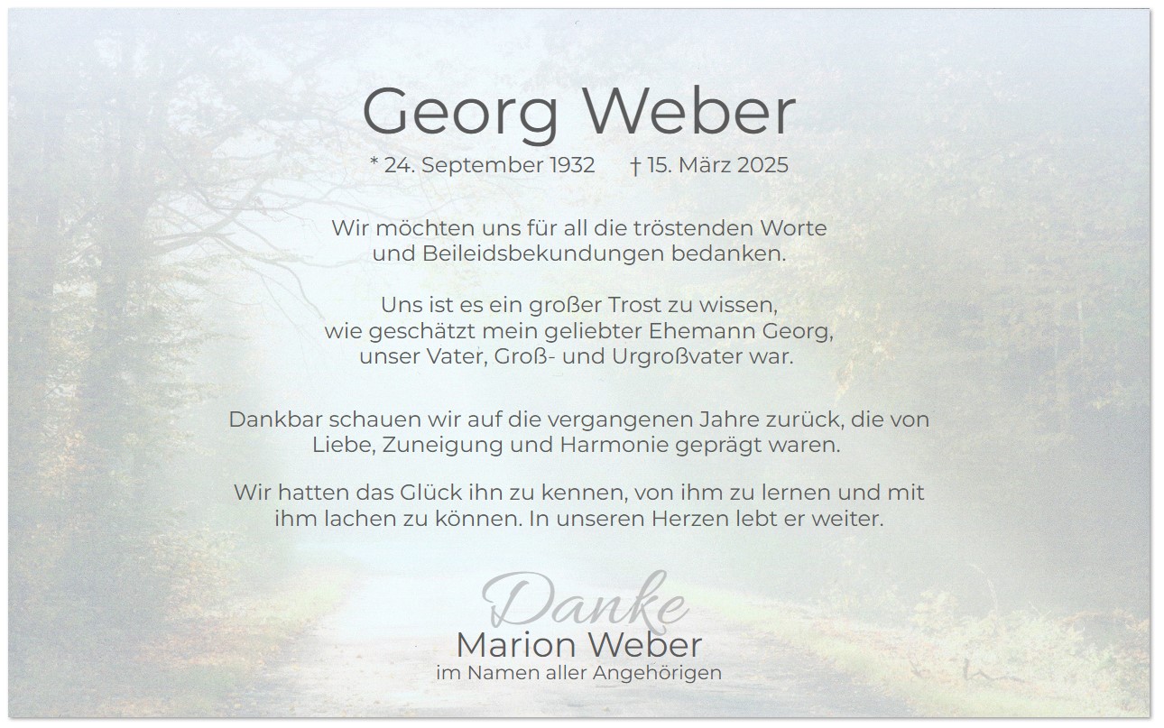 Trauer-Danksagungskarte im Querformat mit Sonnenstrahlen auf Waldweg im Herbst, als Hintergrund auf Einzelkarte.