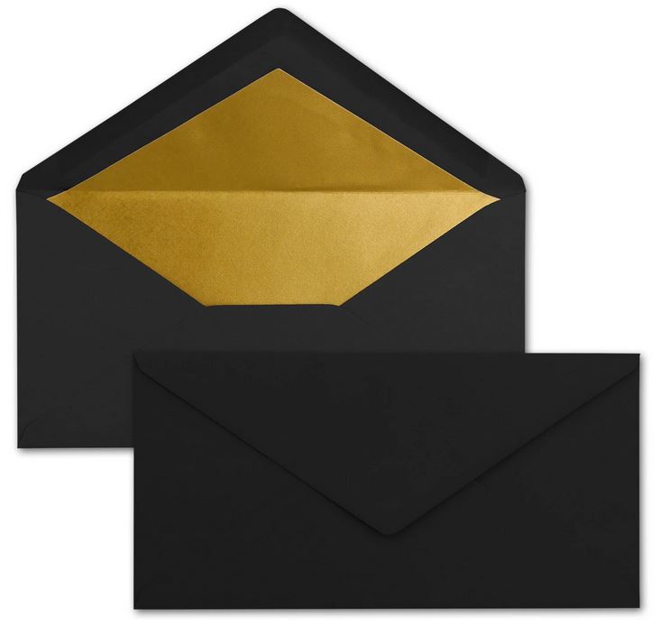Briefumschlag DIN lang schwarz mit Gold-Metallic-Innenfutter, nassklebend, 22x11 cm 