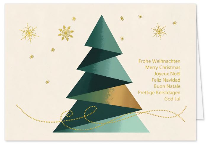 Internationale Weihnachtskarte mit grünem Tannenbaum, Eiskristallen und edler Goldfolienprägung