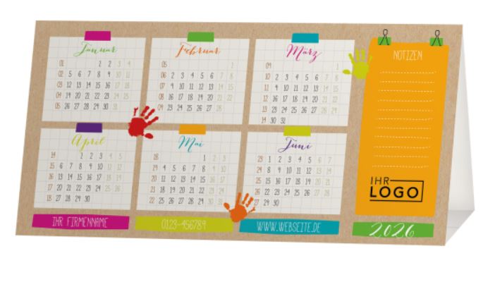 Jahreskalender zum Aufstellen "Bunte Hände" mit Logoeindruck und Spende für Kinderherzen e.V.