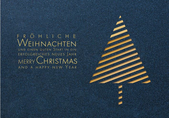 Dunkelblaue Weihnachtskarte mit goldener Folienprägung, Stanzung und Einleger in gold