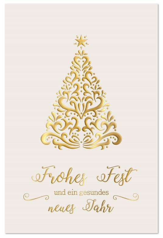 Elegante Spendenweihnachtskarte für die Peter Maffay Stiftung mit ornamentverziertem Weihnachtsbaum und Gruß in Gold