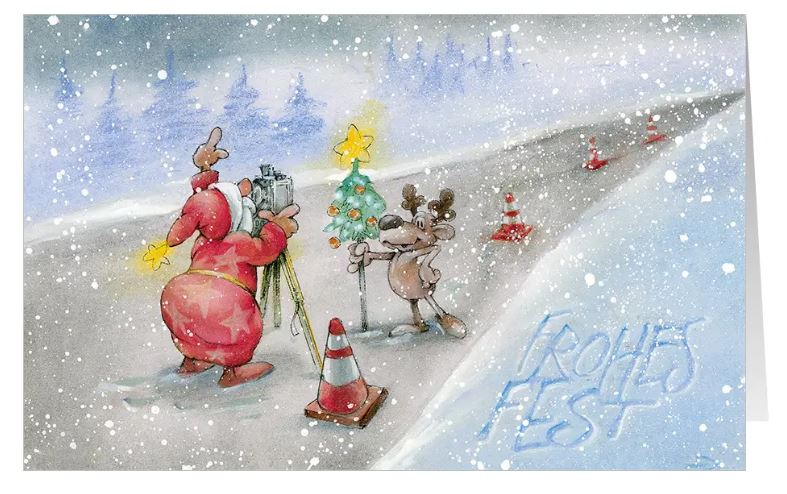 Humorvolle Branchenkarte "Präzise Feiertage" für Vermessungstechnik mit Gruß FROHES FEST, Weihnachtsmann und Rentier