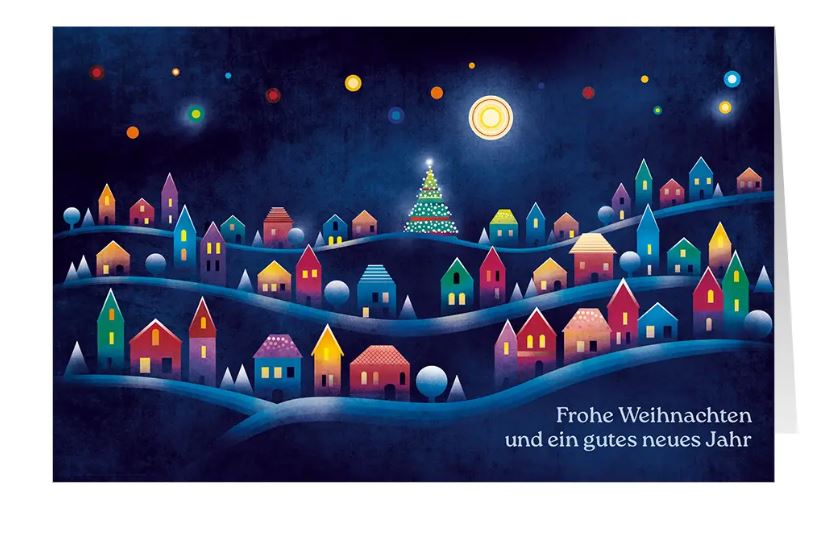 Farbenfrohe Weihnachtskarte "Buntes Lichterdorf" mit Weihnachtsgruß und leuchtenden Häusern bei Nacht