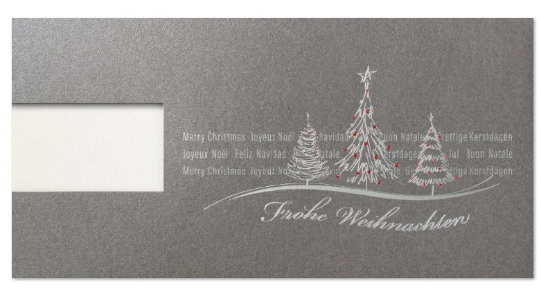 Firmenweihnachtskarte mit Logostanzung, internationalen Grüßen und Spendenzweck: Deutsche Kinderkrebshilfe