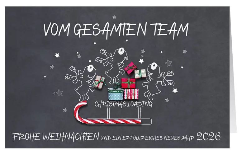 Team-Weihnachtskarte "Christmas Loading" mit lustigen Rentieren, Schlitten und Spendenanteil für Ärzte ohne Grenzen