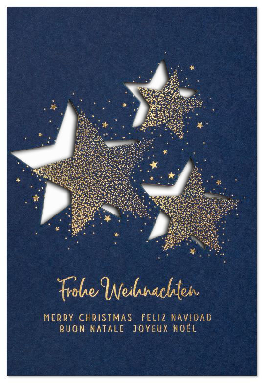 Festliche Laser-Weihnachtskarte mit internationalen Grüßen und Sternen in Goldprägung und Stanzung, Einleger weiß
