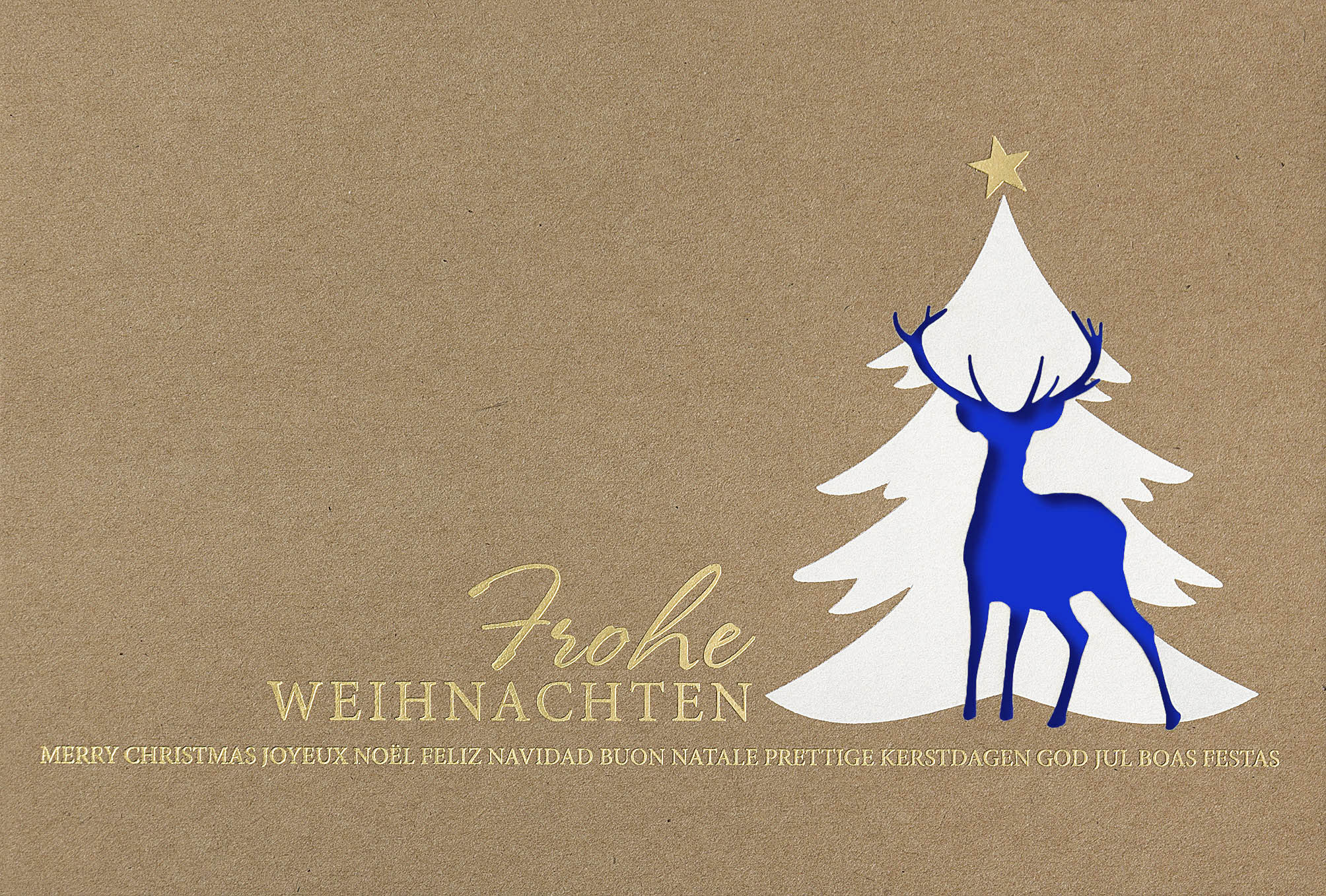 Naturbraune Stanz-Weihnachtskarte mit internationalen Weihnachtsgrüßen und blauem Einleger