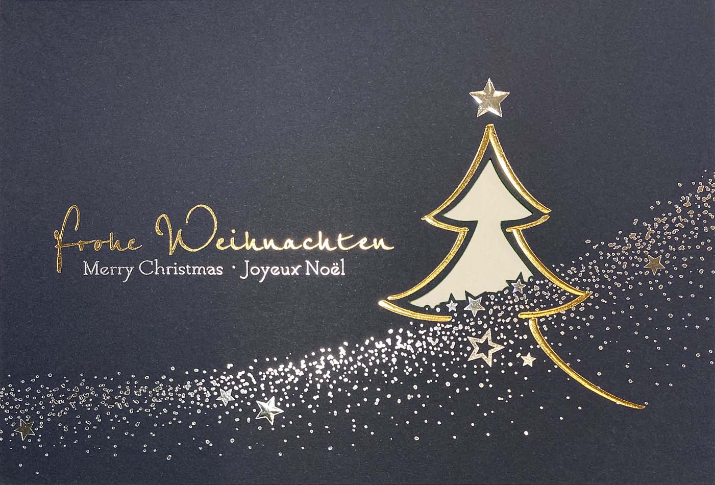 Blaue Weihnachtskarte mit internationalen Weihnachtsgrüßen und creme Einlegeblatt