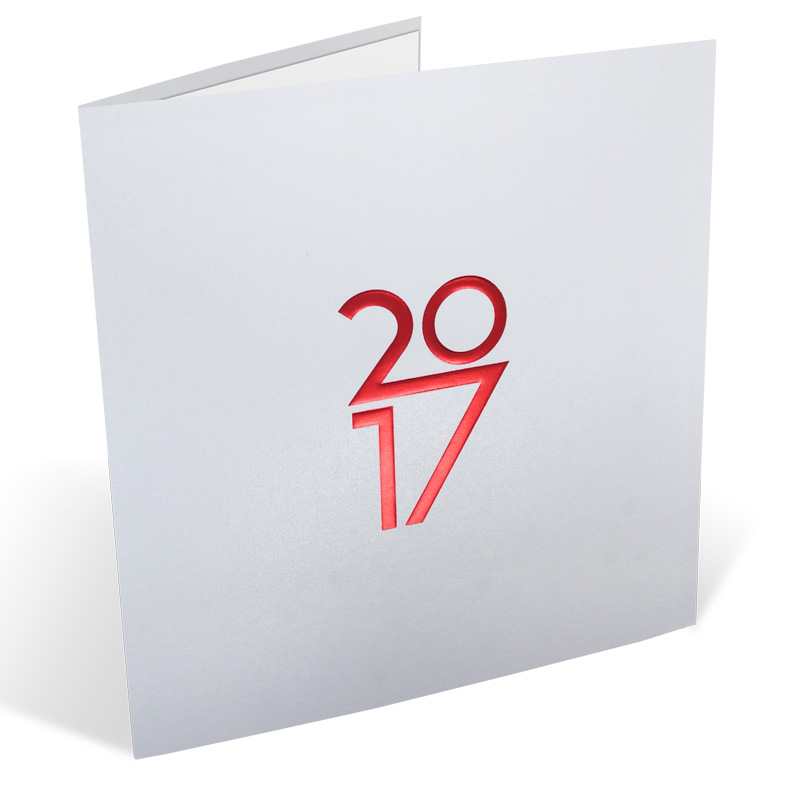 Neujahrskarte quadratisch mit roter Jahreszahl 2017 perlmutt metallic