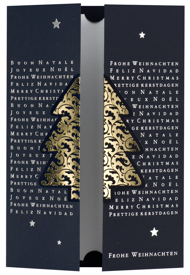 Weihnachtskarte nachtblau mit internationalen Wünschen und goldenem Weihnachtsbaum