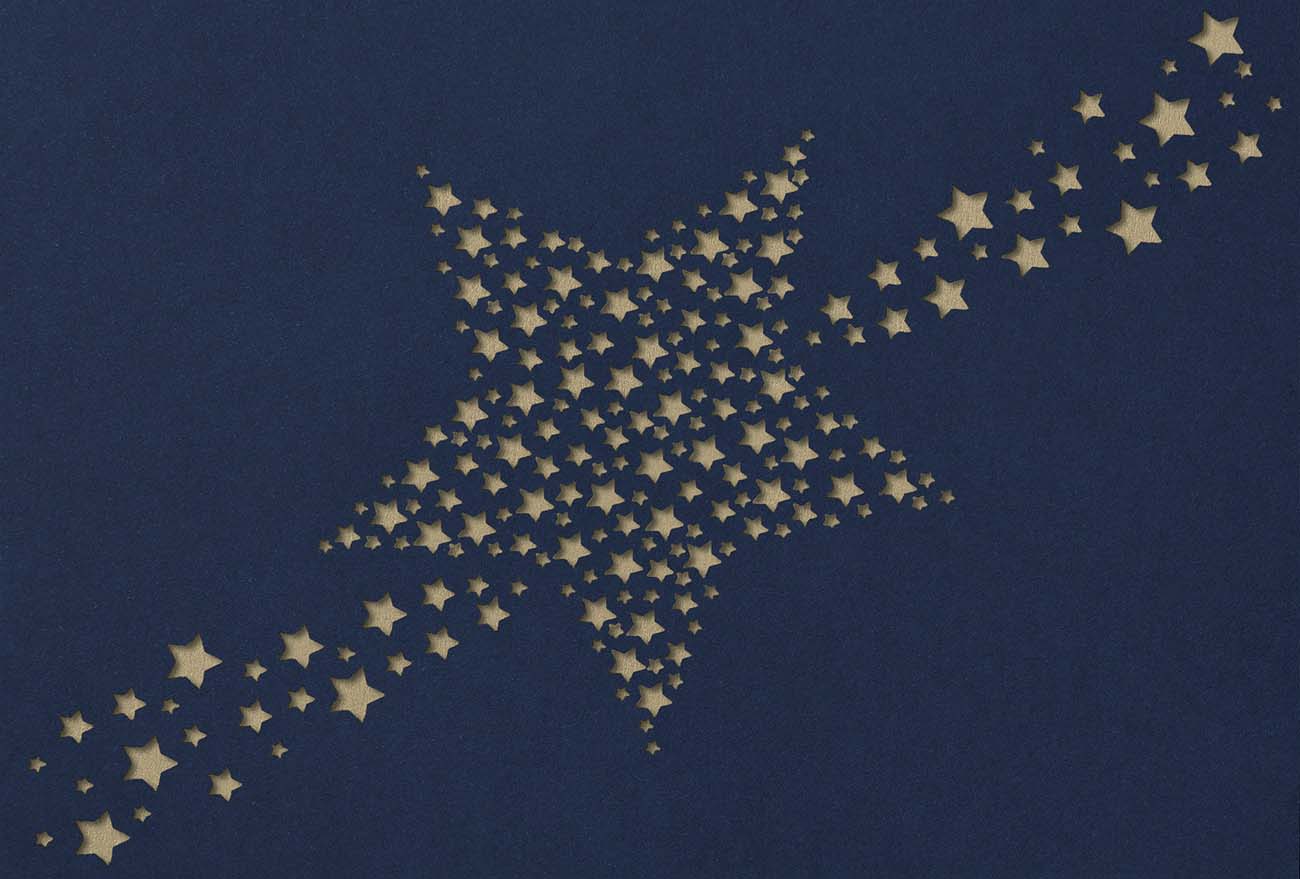 Dunkelblaue Weihnachtskarte mit goldfarbenem Falteinleger und unzähligen kleinen Sternen
