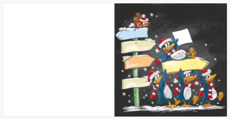 Lustige Neujahrskarte mit Pinguinen und Schilderbaum sowie Spende zugunsten DKMS - Wir besiegen Blutkrebs