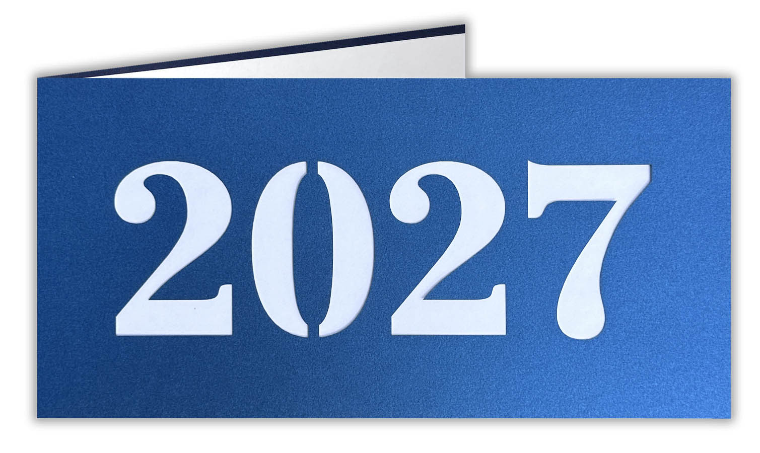 Blaue Metallic-Neujahrskarte mit Laserstanzung 2027 und weissem Einlegeblatt