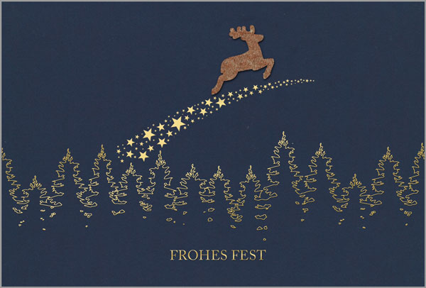 Edle, dunkelblaue Weihnachtsgrußkarte mit Goldfolienprägung und aufgepatchter Hirsch-Applikation aus Filz, inkl. Einlegeblatt