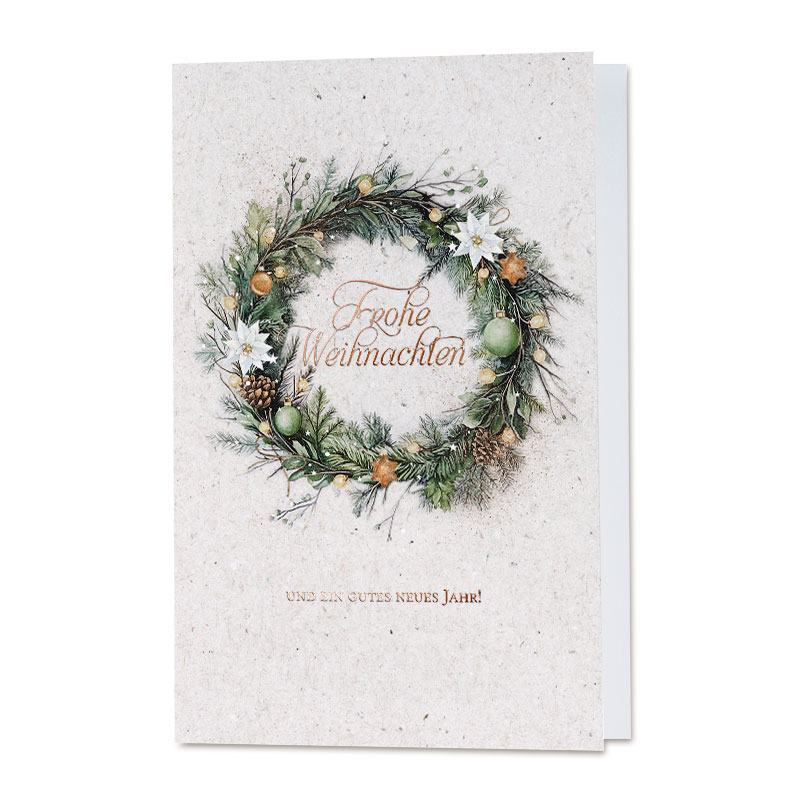 Weihnachtliche Grußkarte in weiß mit floralem Kranz und Grüßen in edler Goldfolienprägung