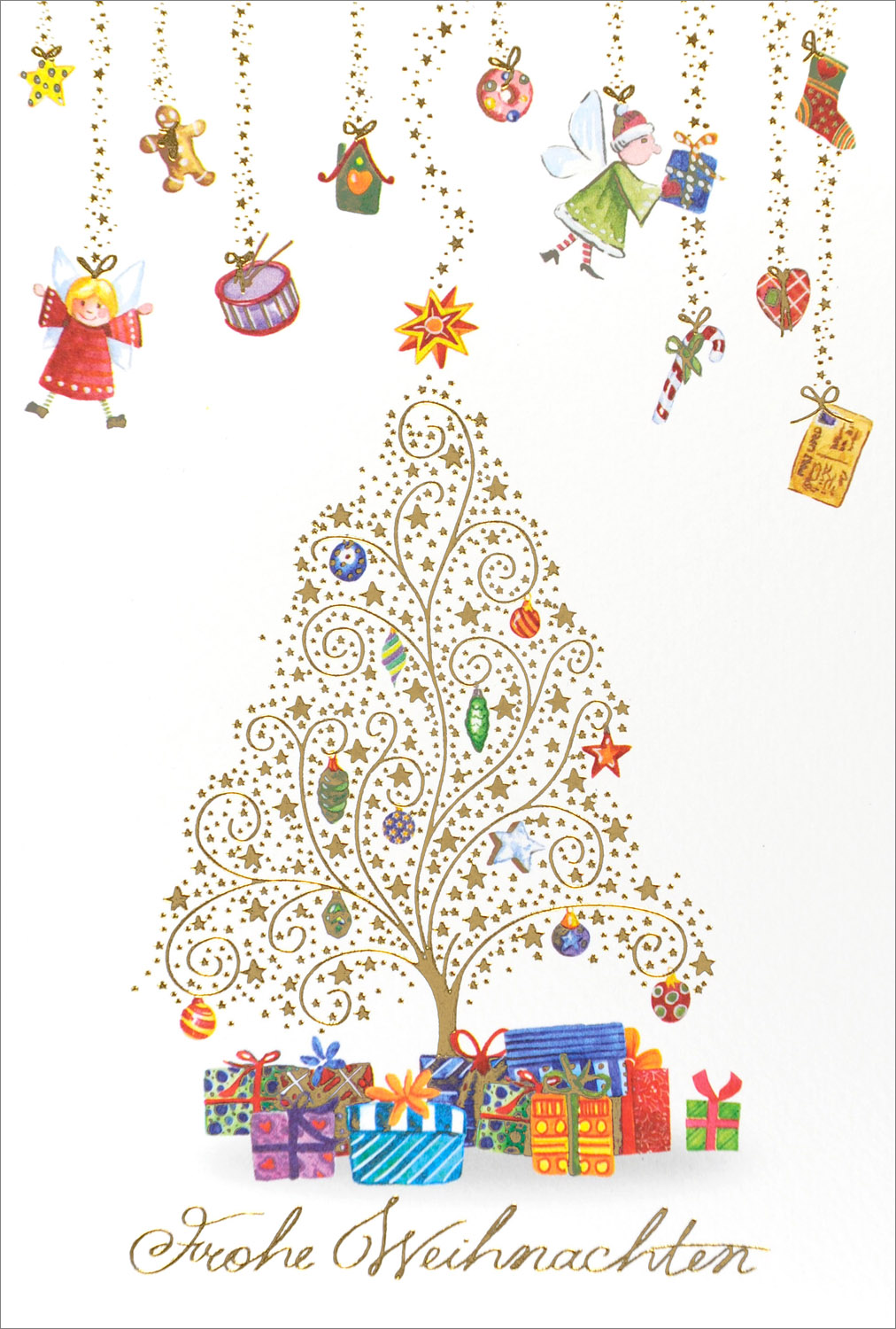 Weihnachtskarte creme mit weihnachtlichen Symbolen und goldenem Weihnachtsbaum