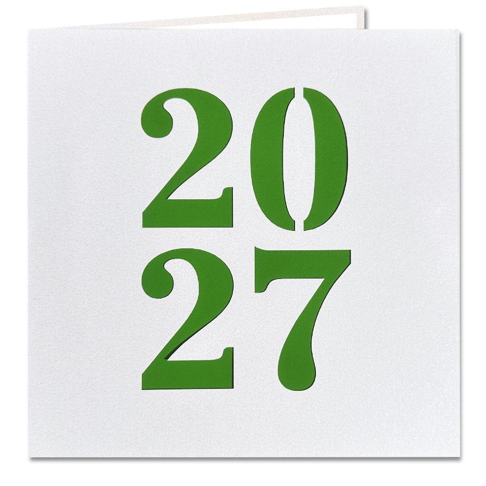 Weiße Metallic-Neujahrskarte mit Jahreszahl 2027 Stanzung und grünem Einlegeblatt