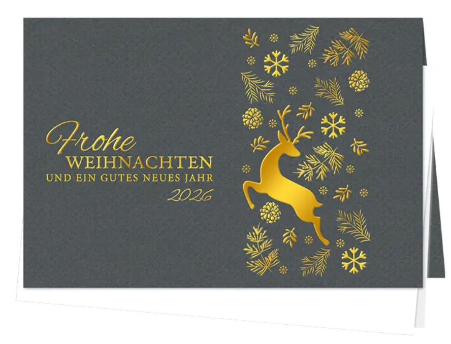 Graphitfarbene Weihnachtskarte "Goldhirsch" mit Weihnachtsgruß und Jahreszahl 2026 im eleganten Design inkl. Einlegeblatt