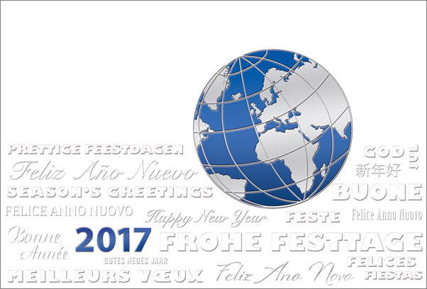 Festtagskarte weiß mit Weltkugel und Jahreszahl 2017 international