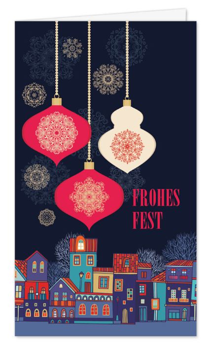 Farbenfrohe Weihnachtskarte „Lichterstadt & Ornament-Kugeln“ als handliche Kompaktkarte