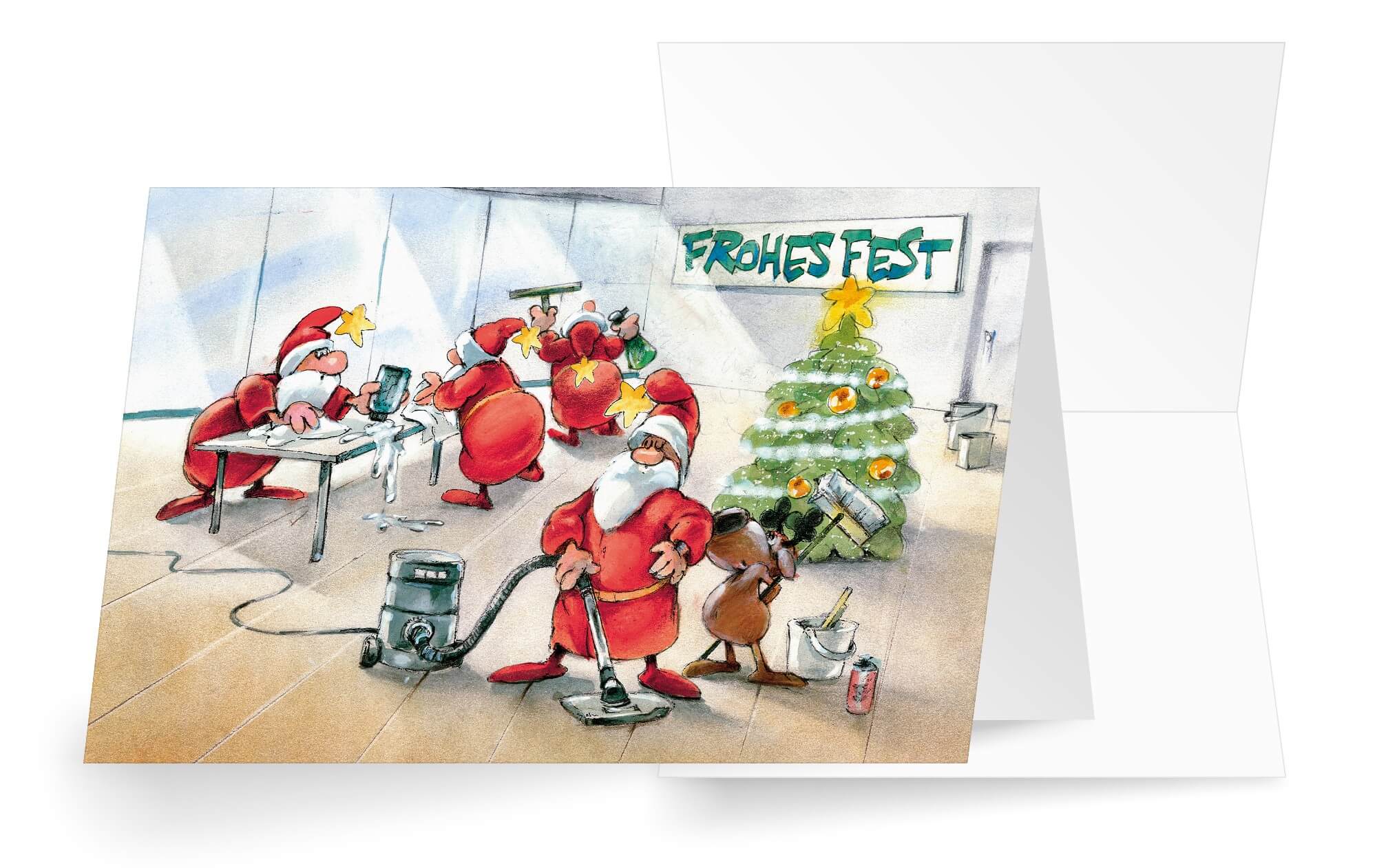 Detailreiche Weihnachtsbranchenkarte für Reinigungsdienst und Raumpflege mit Weihnachtsgruß