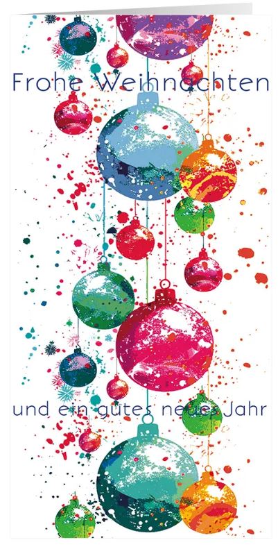 Moderne Weihnachtskarte "Farbexplosion" im DIN lang Format mit knallig-bunten Weihnachtskugeln und Gruß