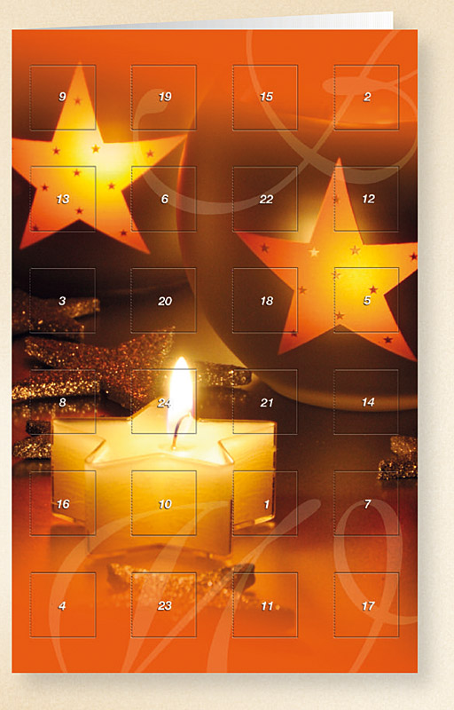 Adventskalenderkarte mit 24 Türchen Kerzen und Sterne romantisch