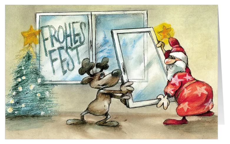 Lustige Weihnachts-Branchenkarte "Fenstermontage" für Fensterbau, Glaserei, Schreinerei, Tischlerei