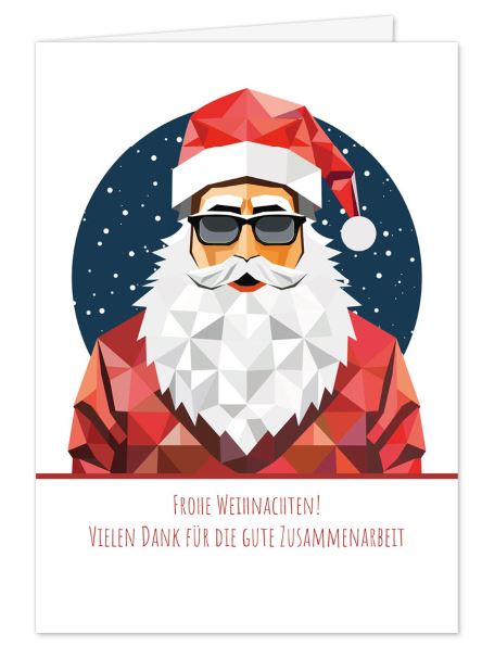 Coole Firmen-Weihnachtskarte mit Weihnachtsmann im Polygon-Design und Weihnachtsgruß mit Dank für die Zusammenarbeit