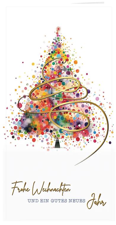 Moderne Weihnachtskarte "Farbexplosion" im schlanken DIN-lang Hochformat mit Weihnachtsgruß und Punktebaum
