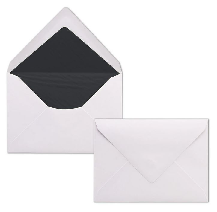 Briefumschlag DIN C6, 16,2 x 11,4 cm, nassklebend, 100g, weiß gefüttert mit schwarzem Seidenpapier