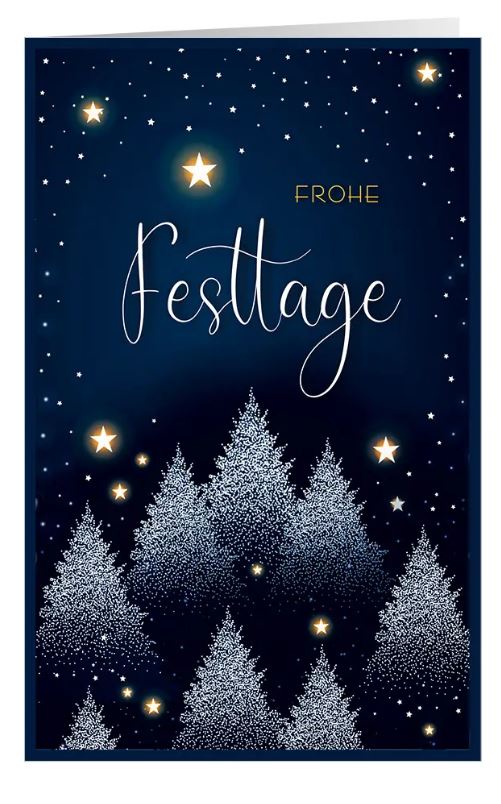 Stimmungsvolle Weihnachtskarte "Zauberhafte Winternacht" mit Tannen und blauem Sternenhimmel